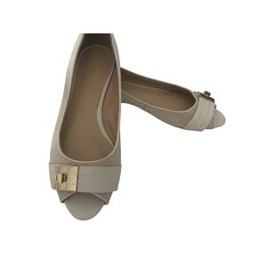 Tommy Hilfiger Low Linen Peep Toe Wedge Shoes Cream Gold Size 7